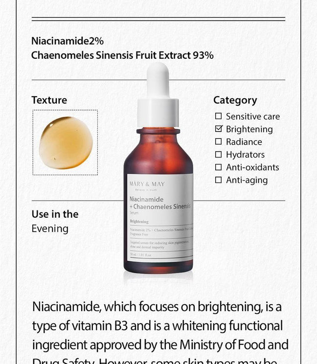 MARY & MAY Niacinamide + Chaenomeles Sinensis Serum - 30ml