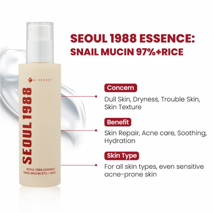 K - SECRET SEOUL 1988 - Seoul 1988 Essence: Snail Mucin 97% + Rice Soothing Essence 100ml