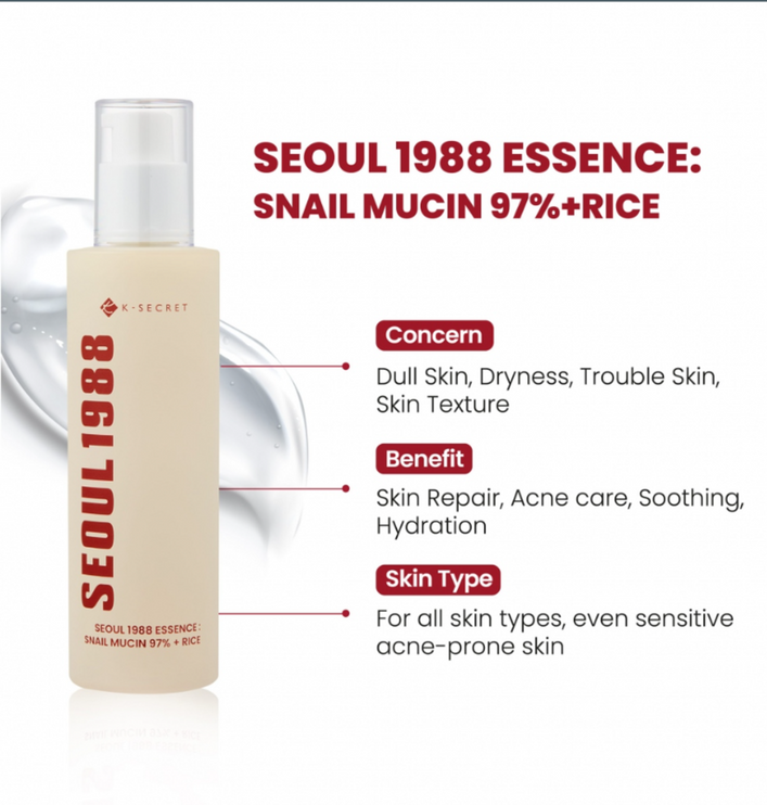 K - SECRET SEOUL 1988 - Seoul 1988 Essence: Snail Mucin 97% + Rice Soothing Essence 100ml